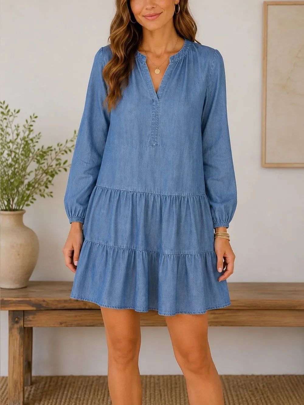 Tommy Hilfiger Lyocell Chambray Tiered Shift Dress Blue Size M